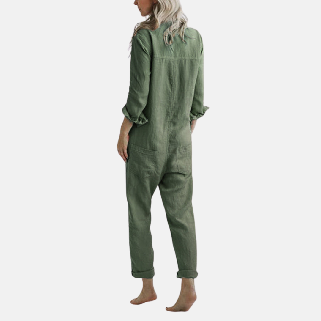 Olivia Jumpsuit | Lässiger Langarm Leinen Overall mit Knopfleiste