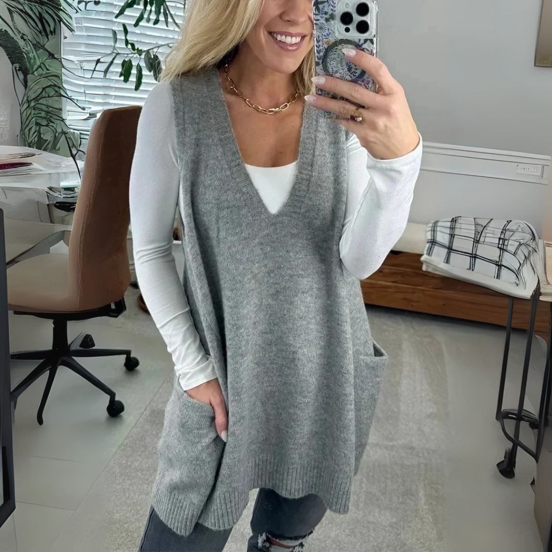 Pullunder für den Herbst - Lange Strickpullover mit tiefem V-Ausschnitt und Seitentaschen für Damen