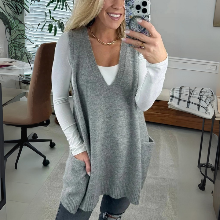 Pullunder für den Herbst - Lange Strickpullover mit tiefem V-Ausschnitt und Seitentaschen für Damen