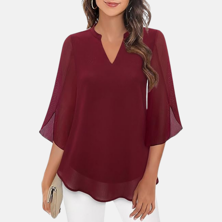Tunika für Damen - Elegante Bluse mit V-Ausschnitt und 3/4 Ärmeln