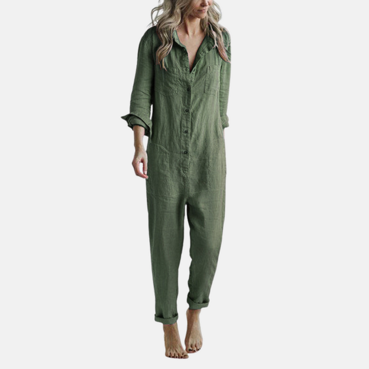 Olivia Jumpsuit | Lässiger Langarm Leinen Overall mit Knopfleiste