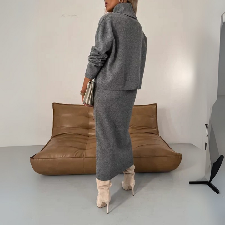 Zweiteiler Strickset für Damen - Eleganter Pullover mit Rollkragen & Midirock - für Herbst/Winter