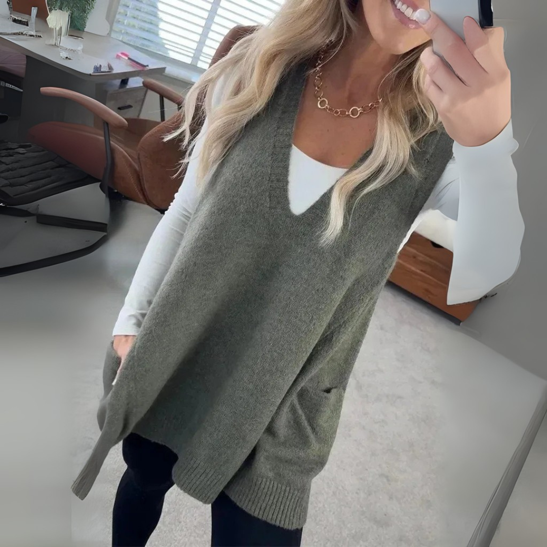 Pullunder für den Herbst - Lange Strickpullover mit tiefem V-Ausschnitt und Seitentaschen für Damen