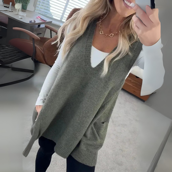 Pullunder für den Herbst - Lange Strickpullover mit tiefem V-Ausschnitt und Seitentaschen für Damen