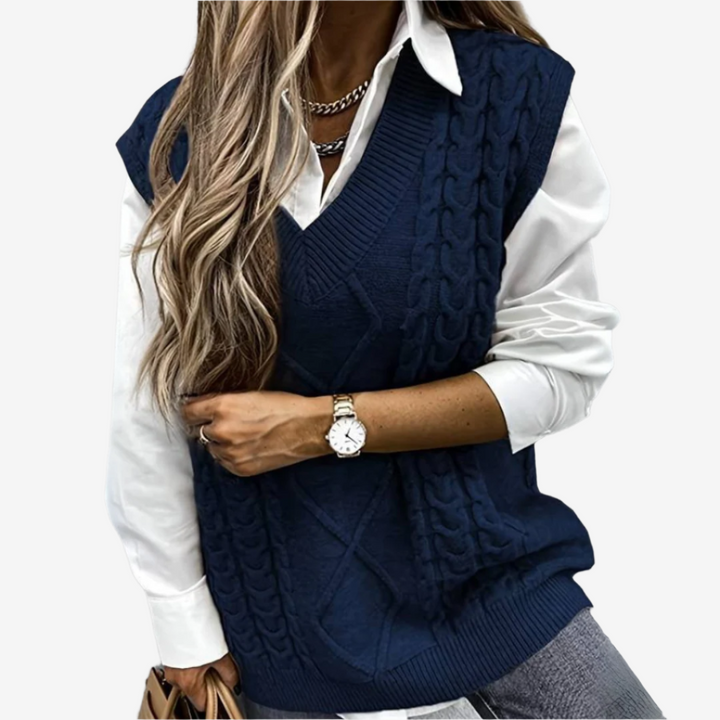 Pullunder für den Herbst - Elegante Zopfstrick Pullover mit V-Ausschnitt für Damen
