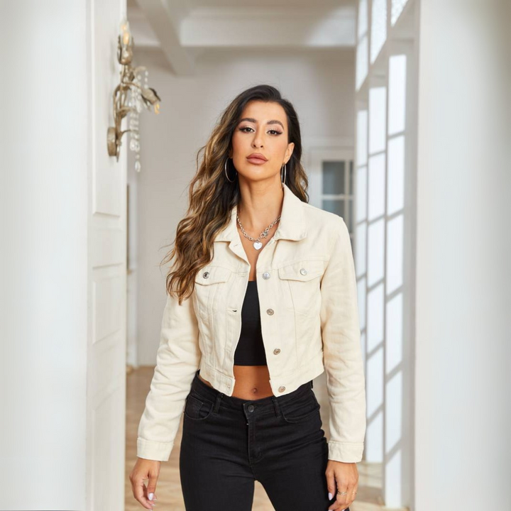 Jeansjacke für den Herbst - Trendy Off-weiß Kürze Übergangsjacke für Damen