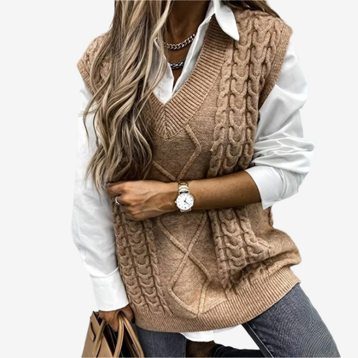 Pullunder für den Herbst - Elegante Zopfstrick Pullover mit V-Ausschnitt für Damen