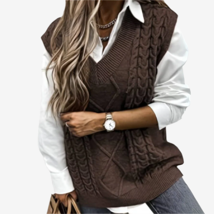 Pullunder für den Herbst - Elegante Zopfstrick Pullover mit V-Ausschnitt für Damen