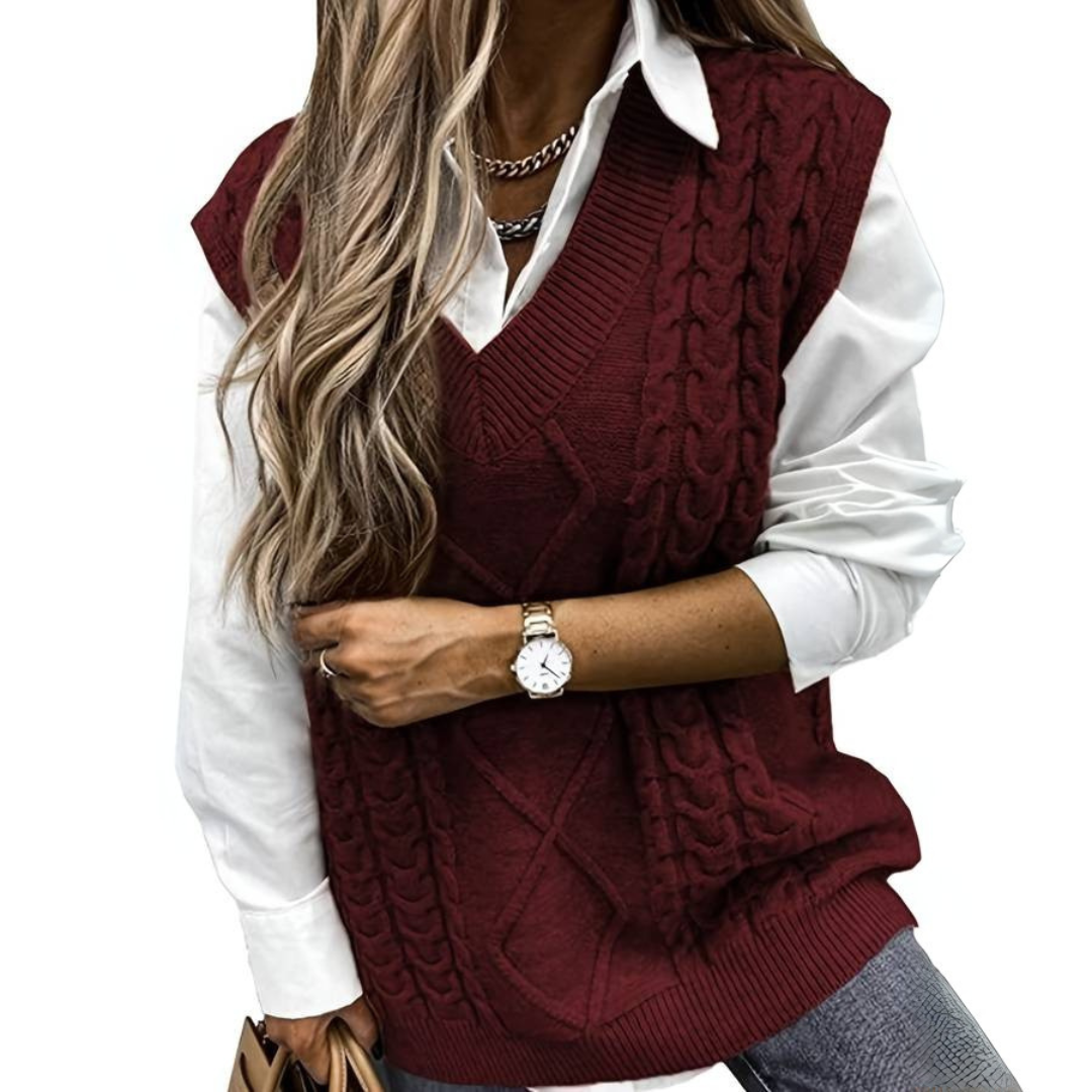 Pullunder für den Herbst - Elegante Zopfstrick Pullover mit V-Ausschnitt für Damen