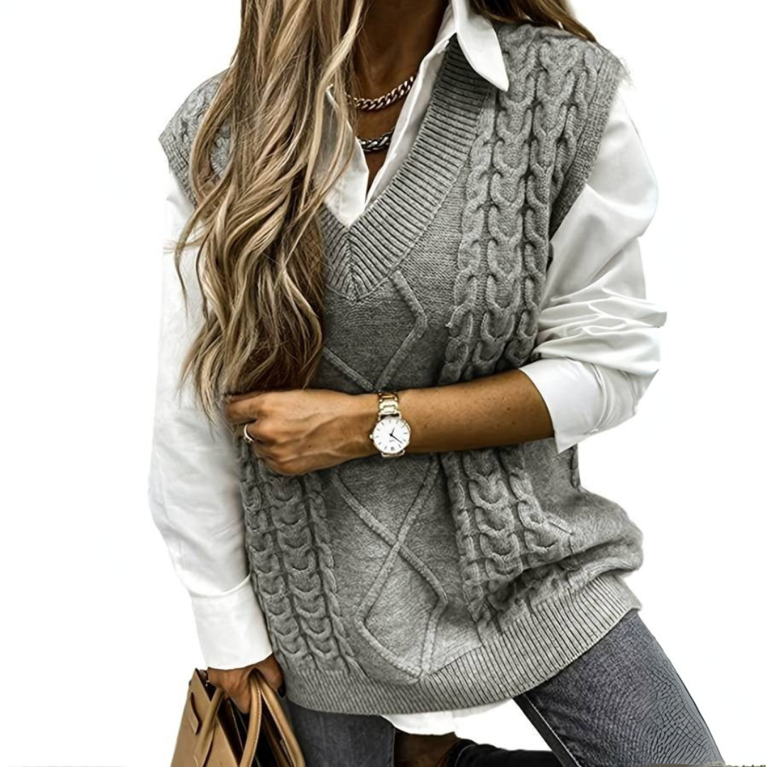 Pullunder für den Herbst - Elegante Zopfstrick Pullover mit V-Ausschnitt für Damen