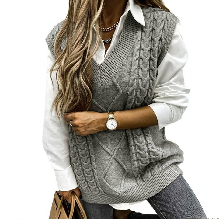 Pullunder für den Herbst - Elegante Zopfstrick Pullover mit V-Ausschnitt für Damen