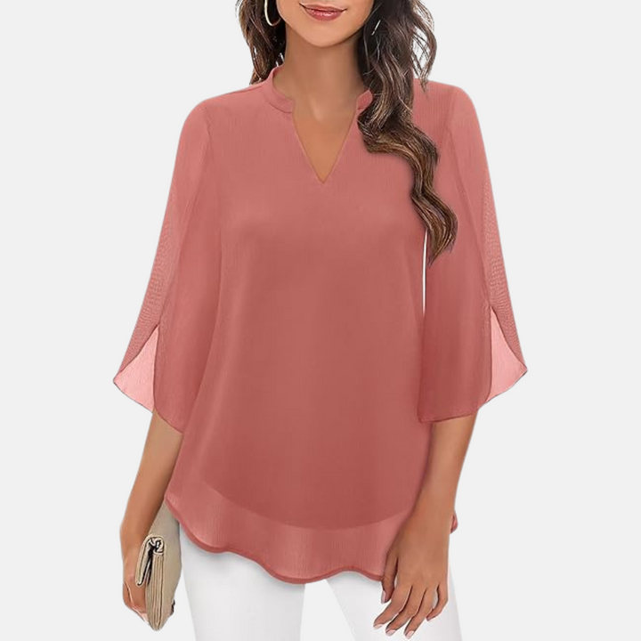 Tunika für Damen - Elegante Bluse mit V-Ausschnitt und 3/4 Ärmeln
