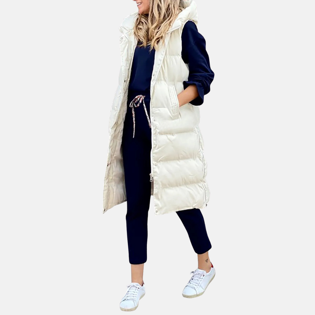 Steppweste für den Herbst - Stilvolle Knielange Daunenweste mit Kapuze für Damen