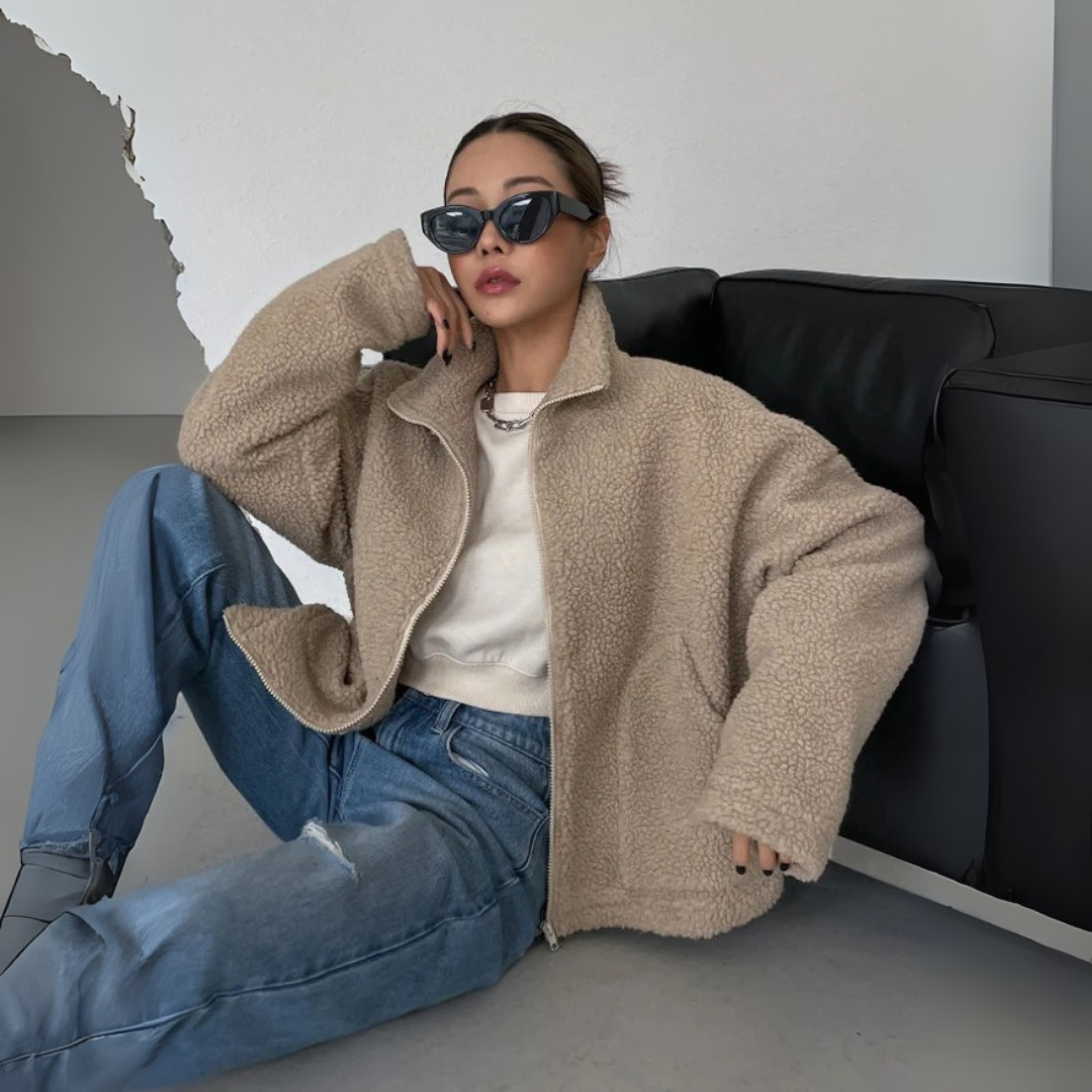 Oversize Teddy-Jacke für Damen – Kuschelige Teddy-Fleece-Jacke mit Stehkragen für den WInter