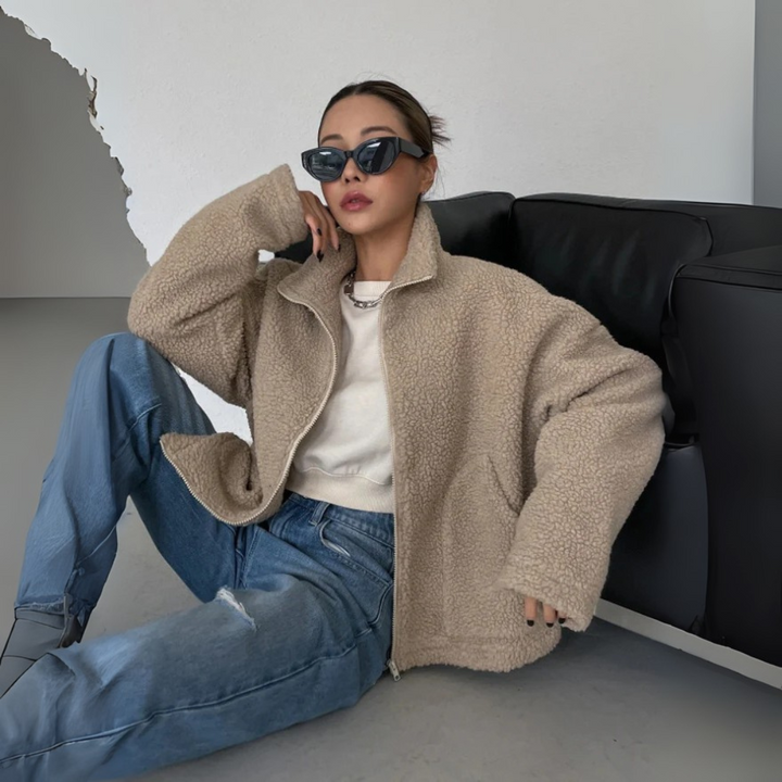 Oversize Teddy-Jacke für Damen – Kuschelige Teddy-Fleece-Jacke mit Stehkragen für den WInter