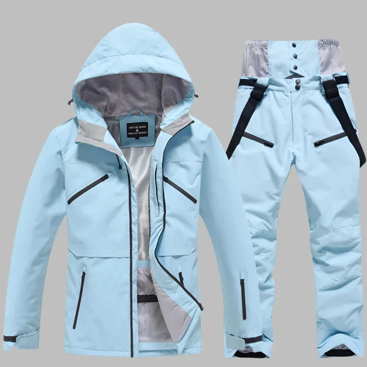 Hellblaue Skijacke und Skihose Set mit Kapuze, wasserdicht, winddicht, atmungsaktiv, ideal für Wintersport, Outdoor-Aktivitäten, Herrenmode.