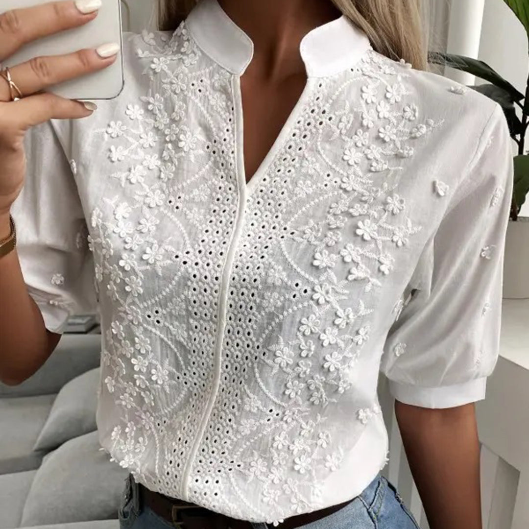 Blusenshirt - Elegantes Weiße Top mit Stehkragen für Sommer