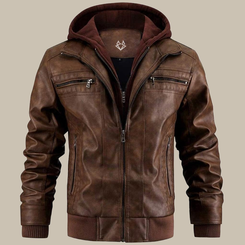Lederjacke für Herren - Premium Winter Lederjacke mit Kapuze