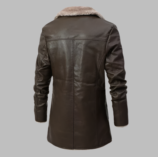 Braune Lederjacke mit Kunstfellkragen, Rückansicht. Stilvolle Herrenmode, ideal für Herbst und Winter. Hochwertige Materialien, elegantes Design.