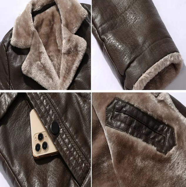 Braune Lederjacke mit Kunstfellfutter, Detailansichten: Kragen, Ärmel, Tasche mit Smartphone, Naht. Modische Winterjacke, warm und stilvoll.