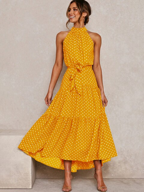 Loscana Polkadot Kleid - Langes trendiges Damenkleid mit Kragen