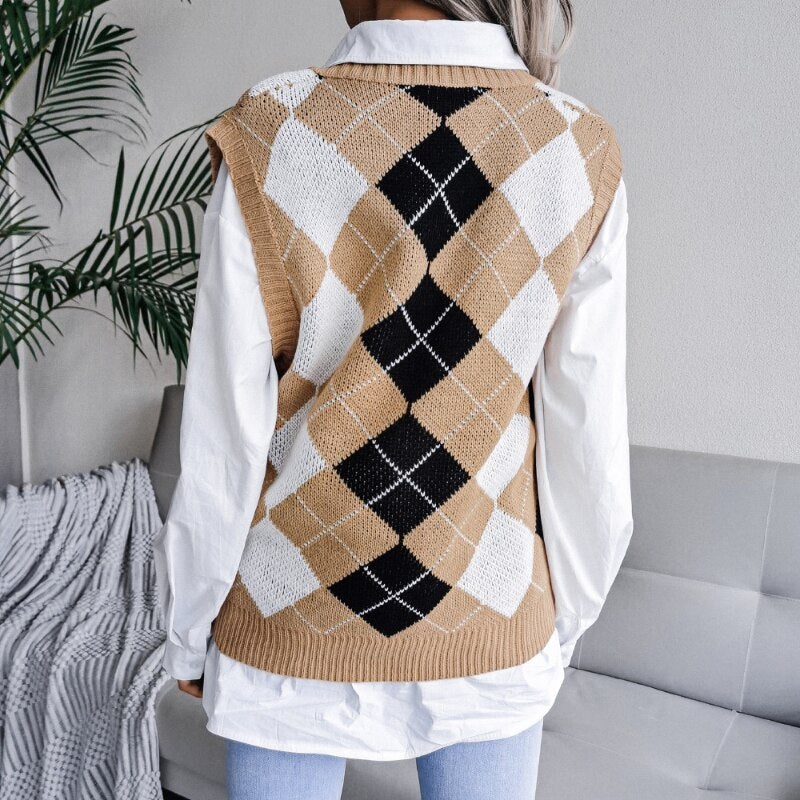 Pullunder für den Herbst - Karrierte Strickpullover mit V-Ausschnitt für Damen
