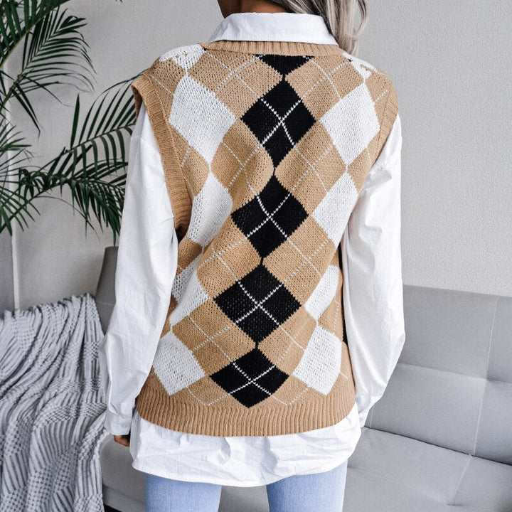 Pullunder für den Herbst - Karrierte Strickpullover mit V-Ausschnitt für Damen