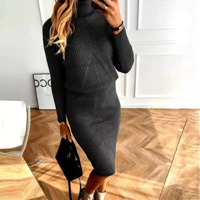 Zweiteiler Damen Strick-Set - Pullover mit Rollkragen & Midi-Rock - Elegant für Herbst/Winter