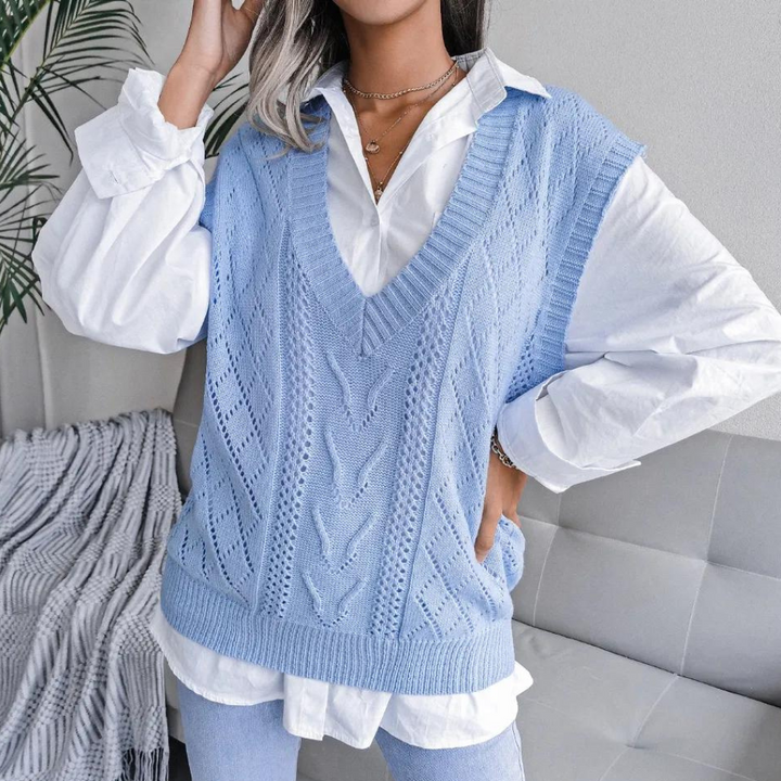 Pullunder für den Herbst - Weite Zopfstrick Pullover mit V-Ausschnitt für Damen