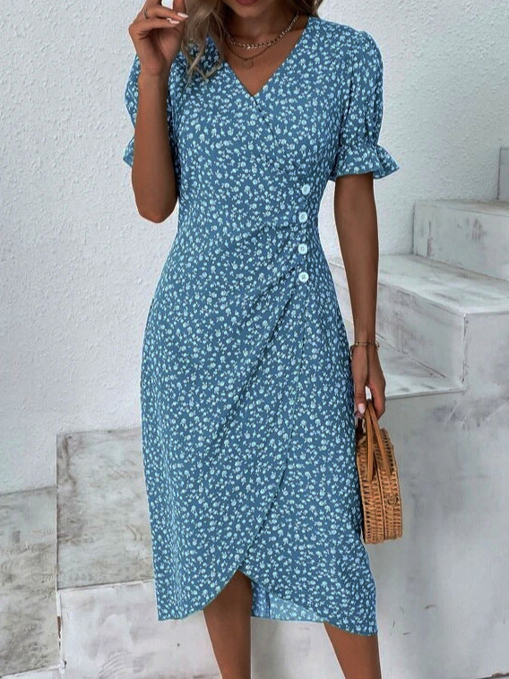 Sommerkleid - Luftiges Maxikleid mit V-Ausschnitt und Puffärmeln