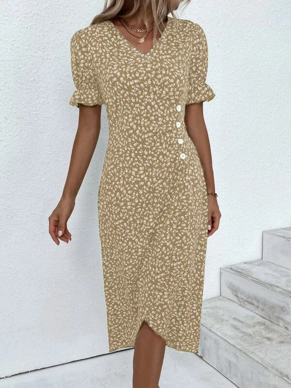 Sommerkleid - Luftiges Maxikleid mit V-Ausschnitt und Puffärmeln