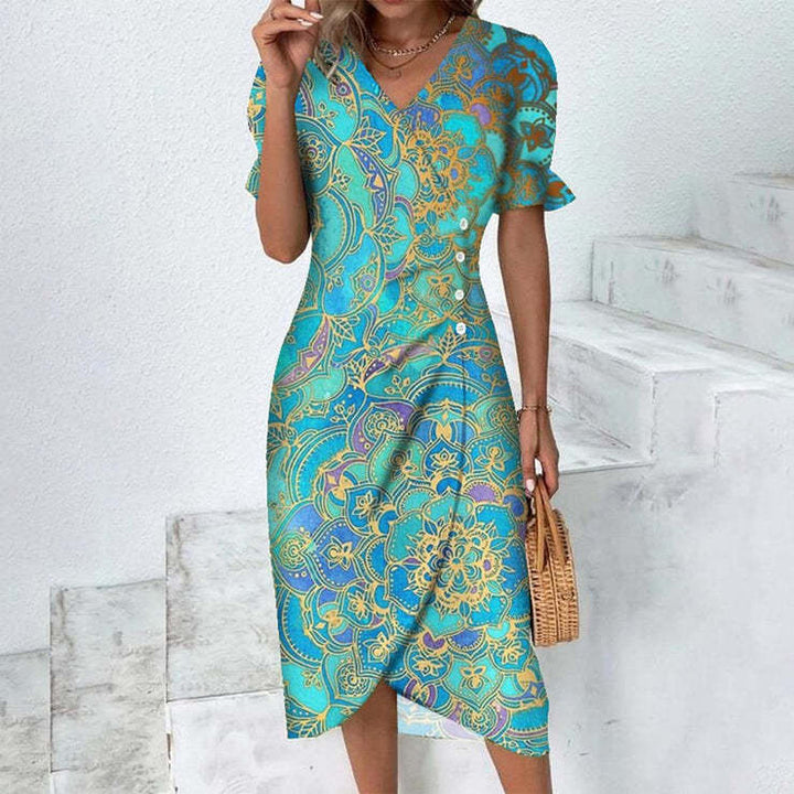 Sommerkleid - Luftiges Maxikleid mit V-Ausschnitt und Puffärmeln