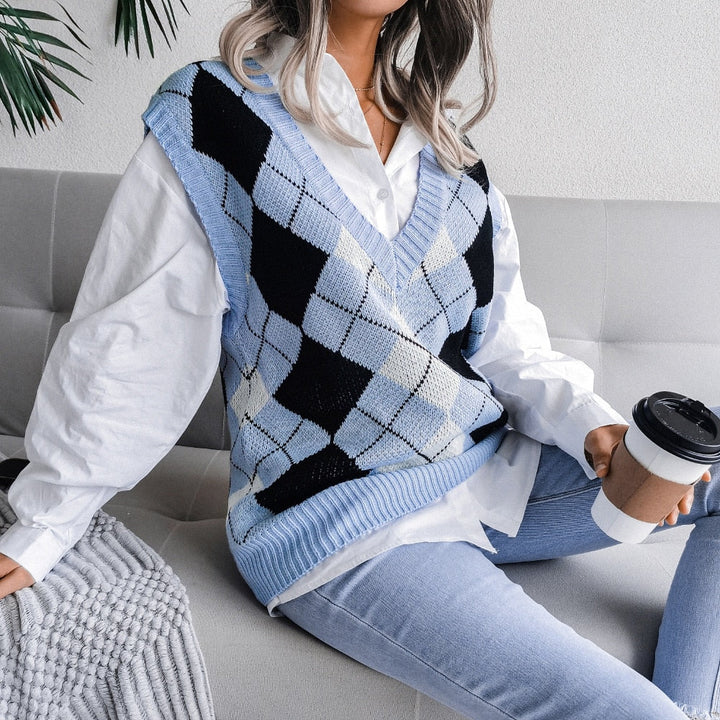 Pullunder für den Herbst - Karrierte Strickpullover mit V-Ausschnitt für Damen
