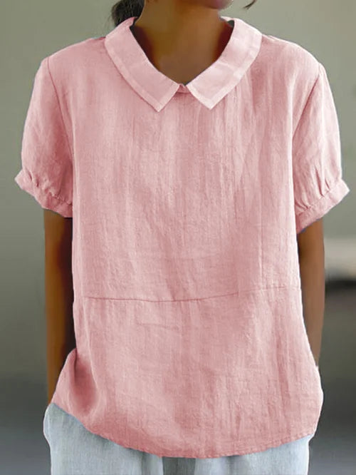 Damen Leinen Bluse Hellblau | Kurzarm Shirt mit Bubikragen