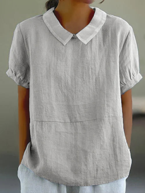 Damen Leinen Bluse Hellblau | Kurzarm Shirt mit Bubikragen