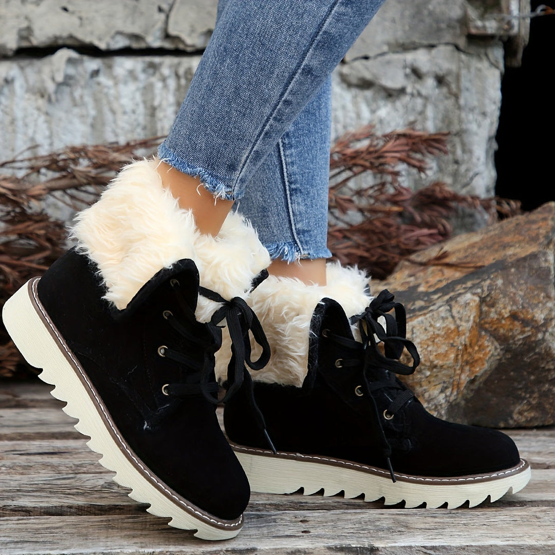 Winterstiefel für Damen - Flanell gefütterte Schnürstiefel mit Plateau & Warmfutter