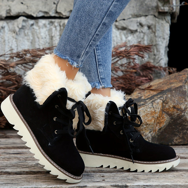 Winterstiefel für Damen - Flanell gefütterte Schnürstiefel mit Plateau & Warmfutter