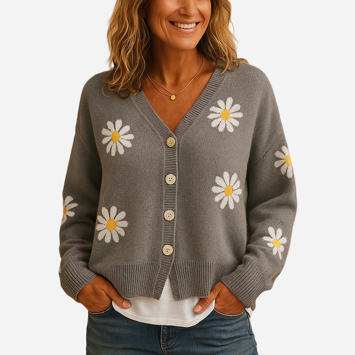 Strickjacke für Damen - Blumenmuster & Knöpfe für den Winter