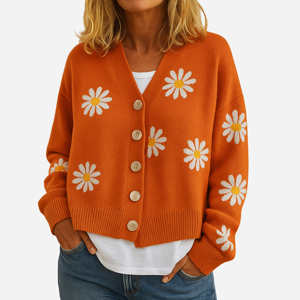 Strickjacke für Damen - Blumenmuster & Knöpfe für den Winter