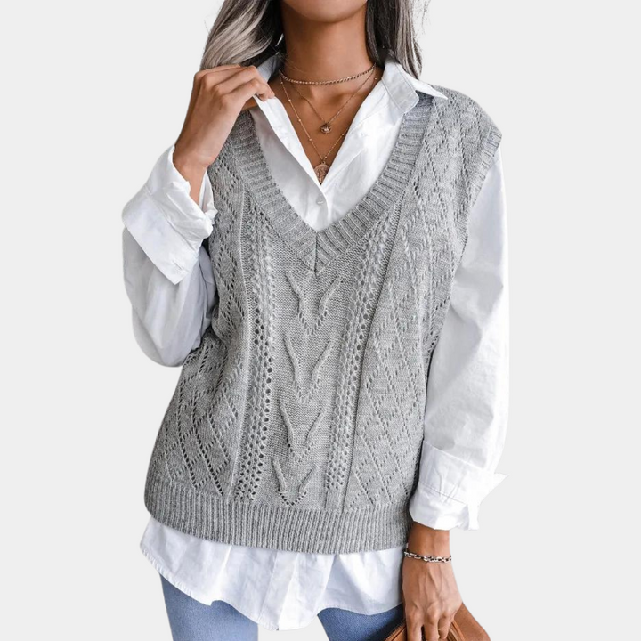 Pullunder für den Herbst - Weite Zopfstrick Pullover mit V-Ausschnitt für Damen