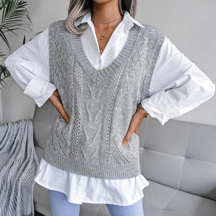 Pullunder für den Herbst - Weite Zopfstrick Pullover mit V-Ausschnitt für Damen