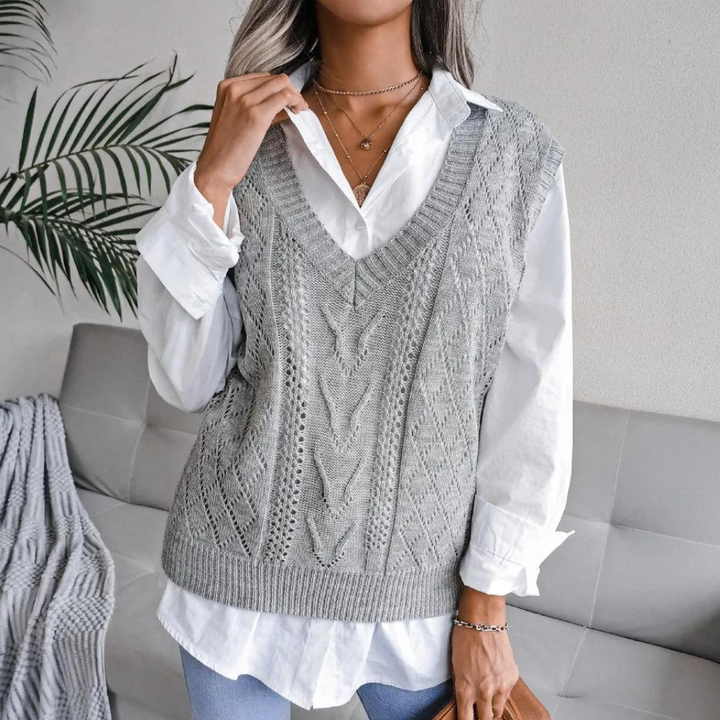 Pullunder für den Herbst - Weite Zopfstrick Pullover mit V-Ausschnitt für Damen