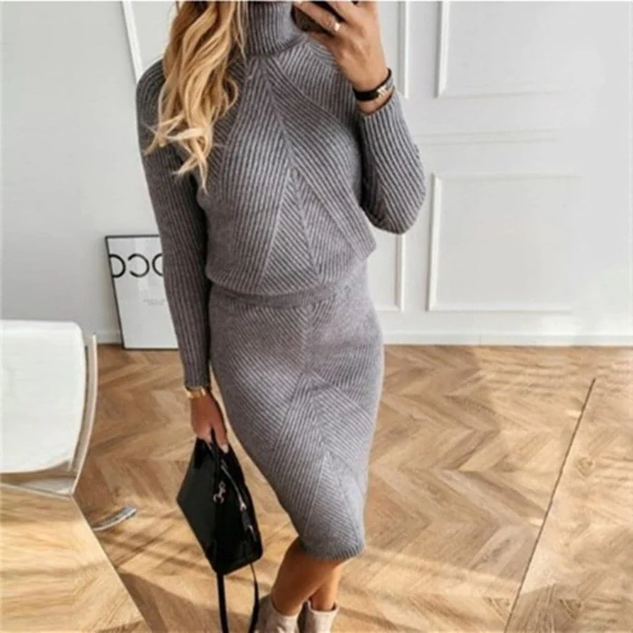 Zweiteiler Damen Strick-Set - Pullover mit Rollkragen & Midi-Rock - Elegant für Herbst/Winter