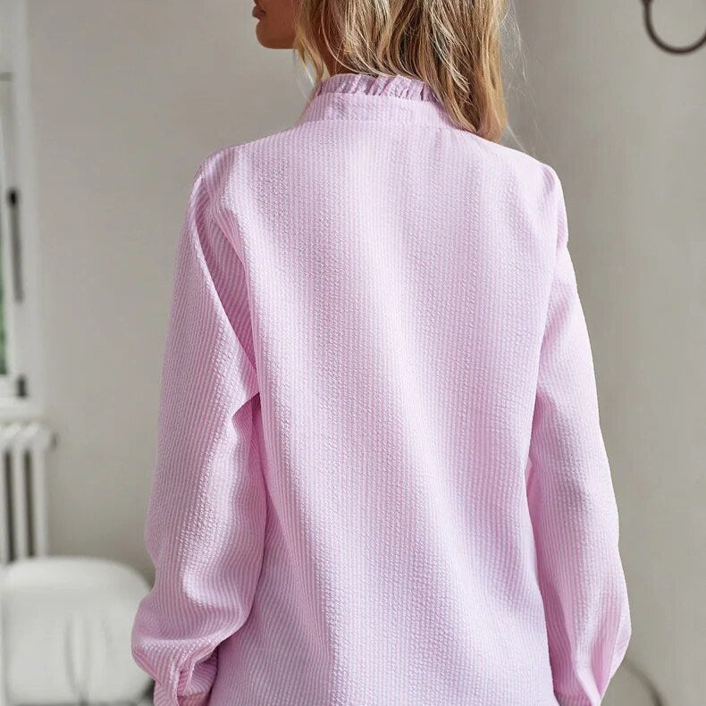 Blusenshirt - Luftiges Bluse mit Stehkragen und Rüschen für Sommer
