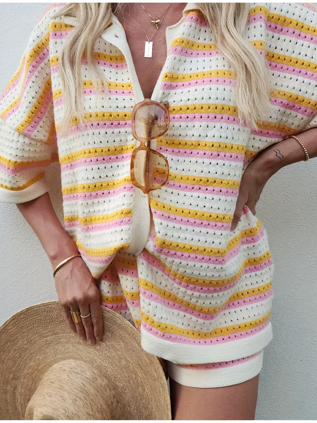 Sandy Strick Set | Gestreiftes Kurzarm Polo Shirt mit Shorts