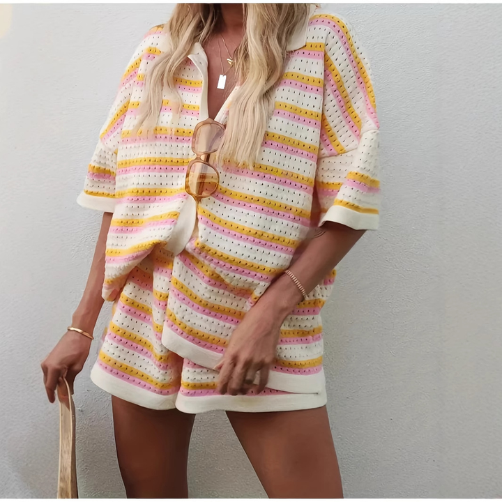 Sandy Strick Set | Gestreiftes Kurzarm Polo Shirt mit Shorts