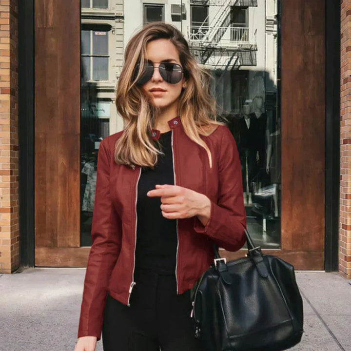 Kunstlederjacken für Damen - Kurze Übergangsjacke mit Stehkragen