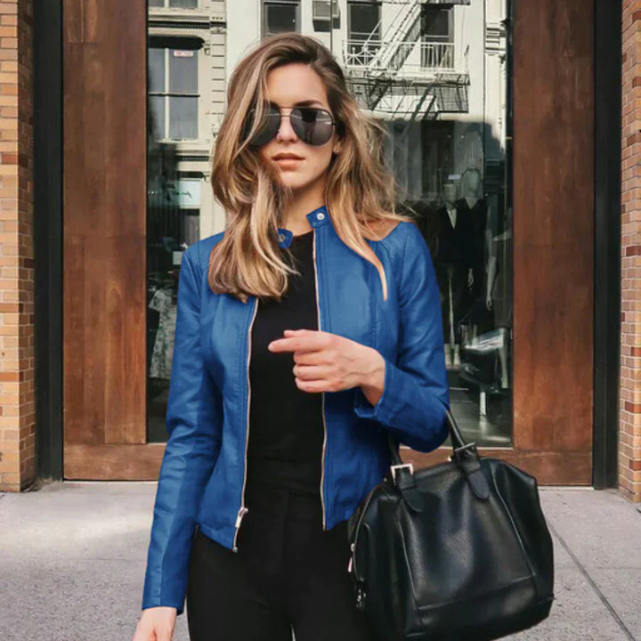 Kunstlederjacken für Damen - Kurze Übergangsjacke mit Stehkragen