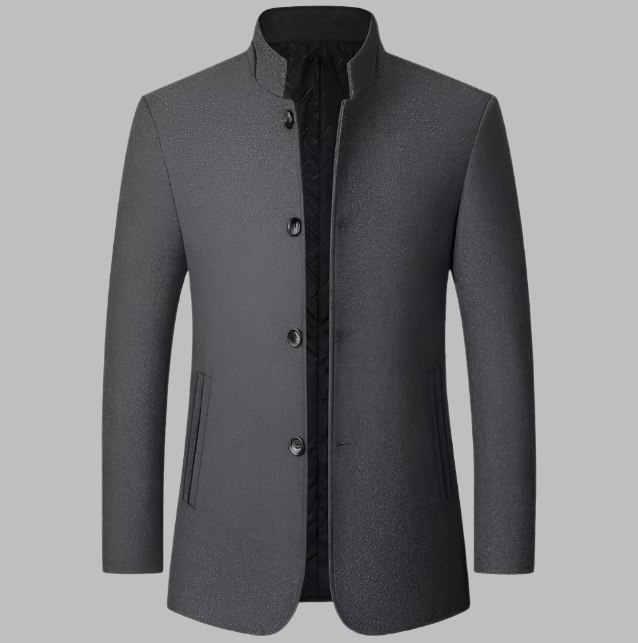 Grauer Herrenblazer mit Stehkragen, elegantes Design, Knopfleiste, zwei Taschen, ideal für formelle Anlässe und Business-Outfits.
