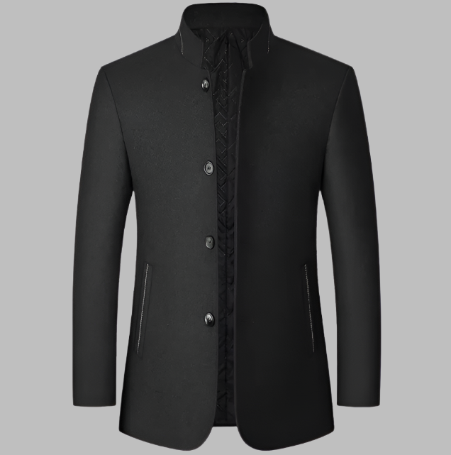 Schwarzer Herrenblazer mit Stehkragen, Knopfleiste und seitlichen Taschen. Eleganter Anzugjacke für formelle Anlässe. Hochwertige Herrenmode.